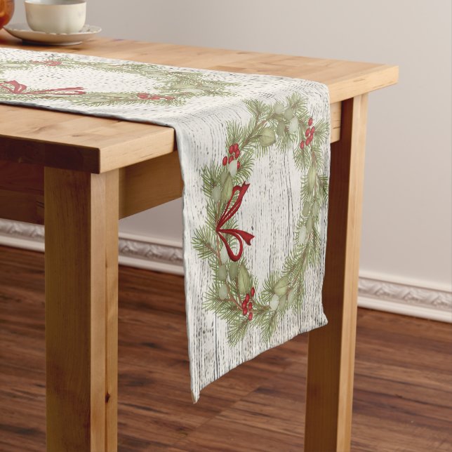 Christmas Wreath Red Holly Berries Simple Greenery Short Table Runner (In Situ)