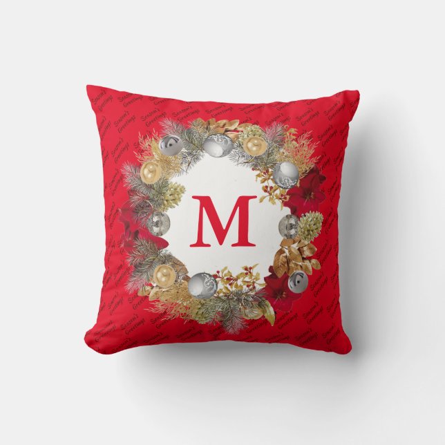 Christmas Wreath Red MONOGRAM Throw Pillow (Front)