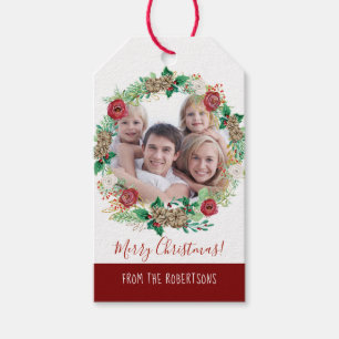 Christmas Wreath Red Peony Roses Floral Photograph Gift Tags