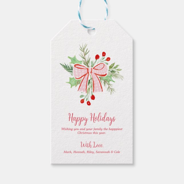 Christmas Wreath Red Pink Bow Gift Tag (Front)