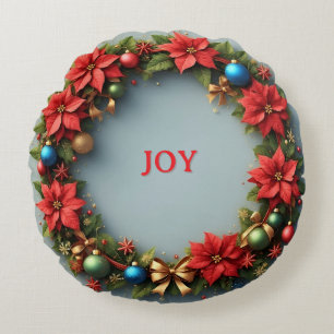 Christmas Wreath Red Poinsettia Holiday Cheer 🎄 Round Pillow