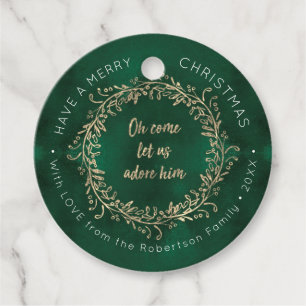 Christmas Wreath Rose Gold Glitter Green w Name Favour Tags