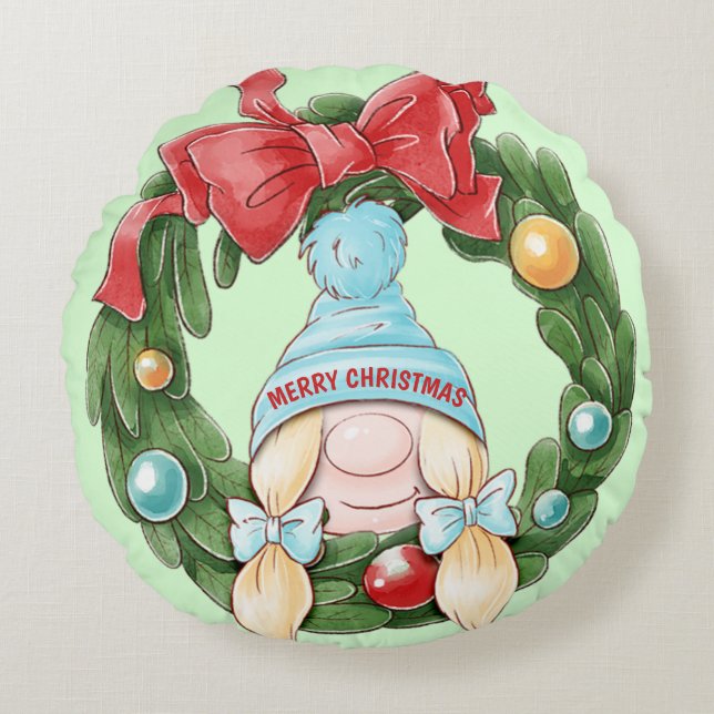 Christmas Wreath Round Pillow (Front)