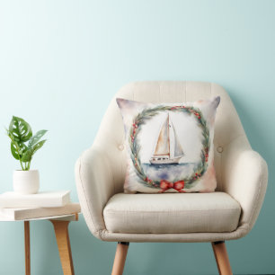 Christmas Wreath Sailboat Watercolor Throw Pillow