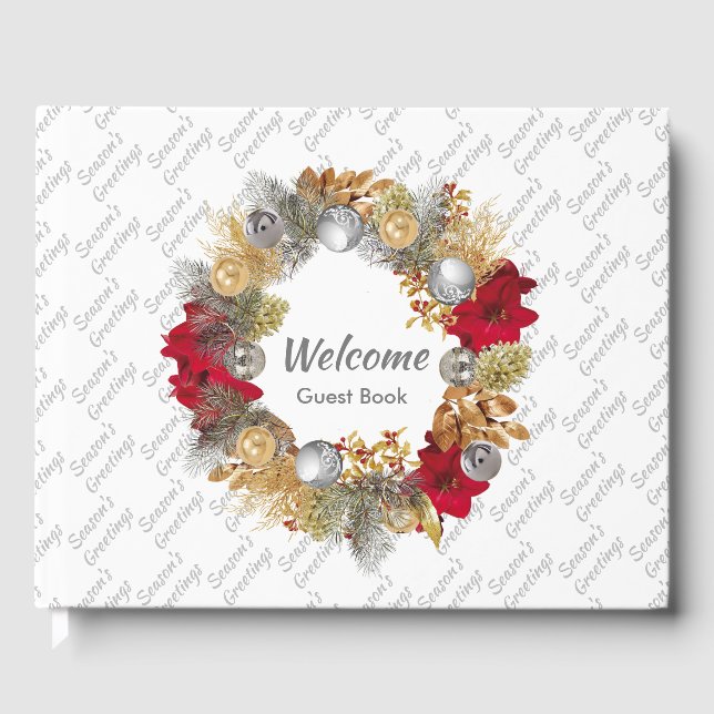 Christmas Wreath SEASON'S GREETINGS White Guest Book (Front)