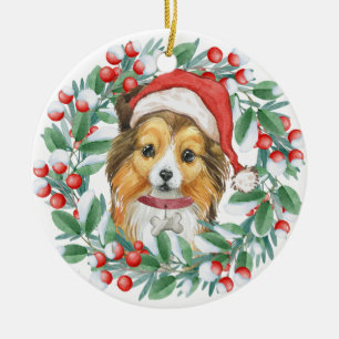 Christmas Wreath Sheltie Ceramic Ornament