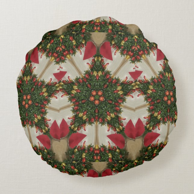 Christmas Wreath Star Red Green Kaleidoscope Round Pillow (Back)