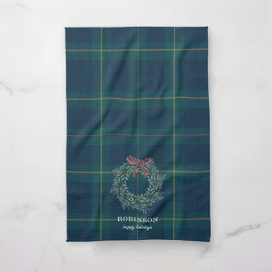 Christmas Wreath Tartan Plaid Family Name Kitchen Towel