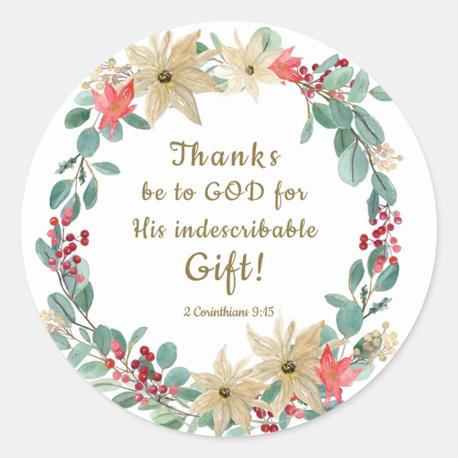 Christmas Wreath Thanks be to God Bible Verse Classic Round Sticker (Front)