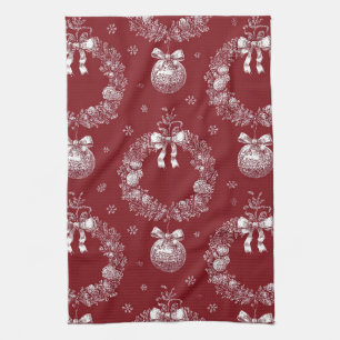 Christmas Wreath Toile on Deep Red Kitchen Towel