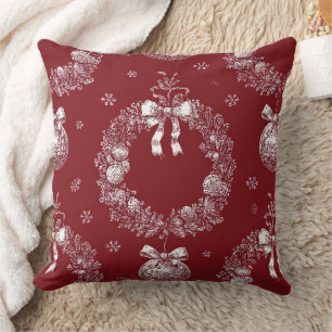 Christmas Wreath Toile on Deep Red Throw Pillow
