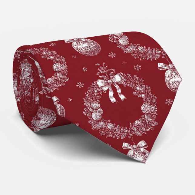 Christmas Wreath Toile on Deep Red Tie (Rolled)