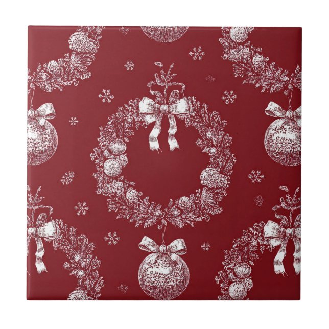 Christmas Wreath Toile on Deep Red Tile (Front)