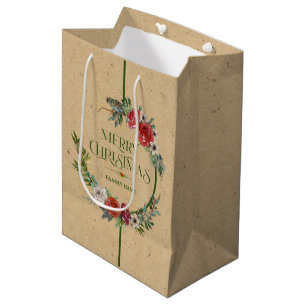 Christmas wreath, typography paper texture medium  medium gift bag