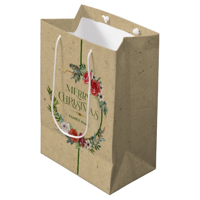 Christmas wreath, typography paper texture medium  medium gift bag (Front Angled)