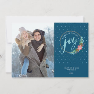 Christmas Wreath Vertical Photo Blue Christmas Holiday Card
