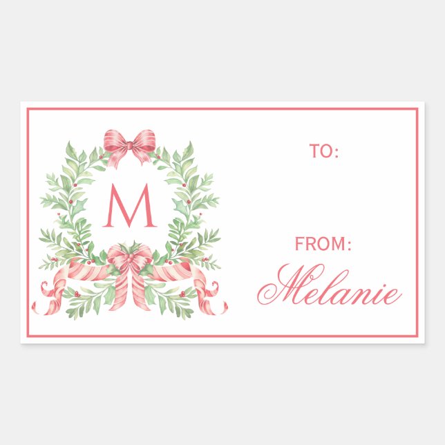 Christmas Wreath w/ Bow | Monogram Sticker (Front)