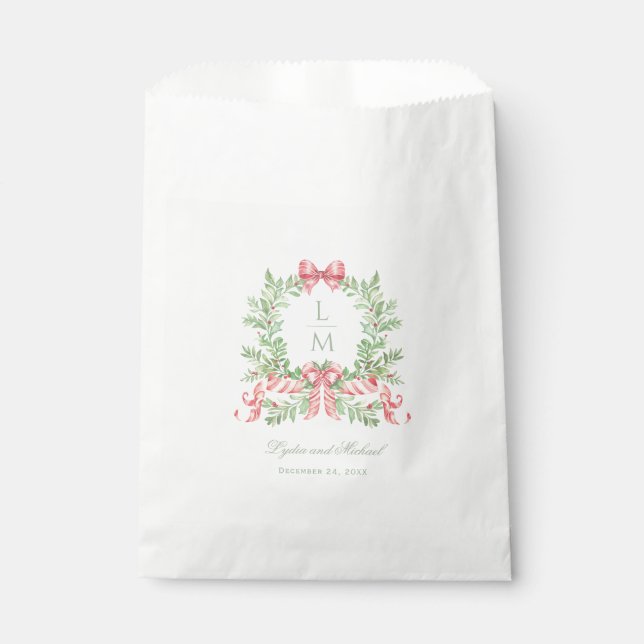 Christmas Wreath w Candy Cane Bow | Monogram  Favour Bag (Front)