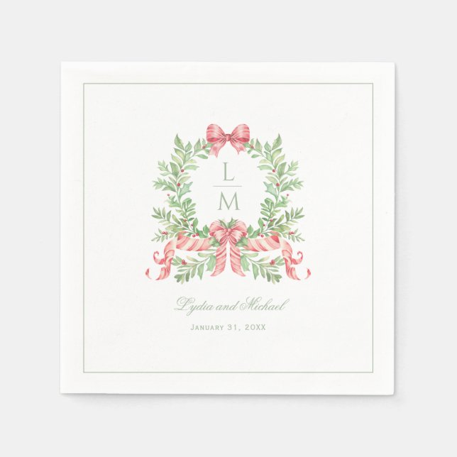 Christmas Wreath w Candy Cane Bow | Monogram  Napkin (Front)