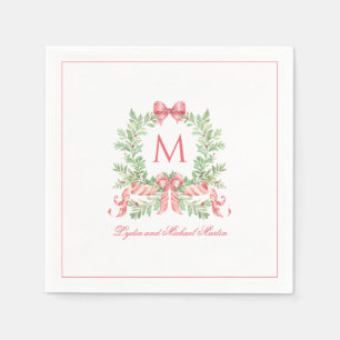 Christmas Wreath w Candy Cane Bow Monogram Napkin