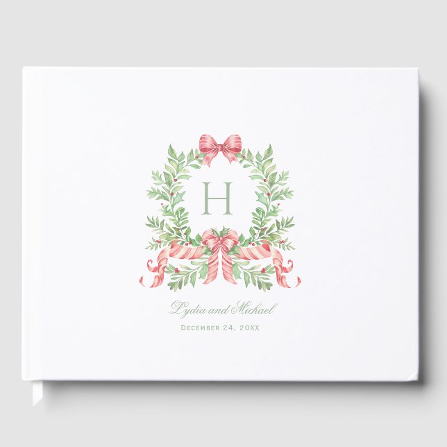 Christmas Wreath w Candy Cane Bow Monogram Wedding Guest Book (Front)