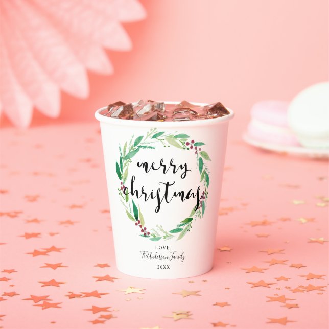 Christmas Wreath Watercolor Merry Christmas Chic Paper Cups (Insitu)