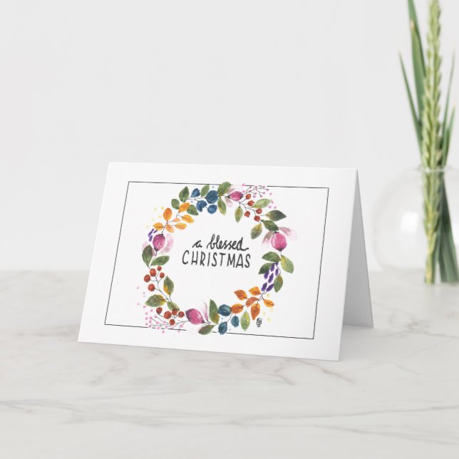 Christmas Wreath, Watercolor Print Holiday Card (Front)