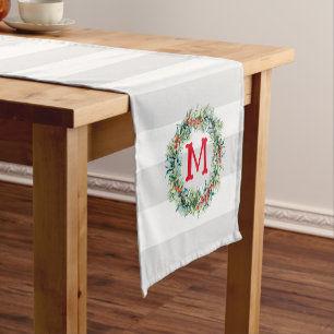 Christmas Wreath white and grey stripes Short Table Runner