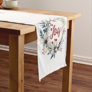 Christmas wreath, white flowers and berries joy short table runner