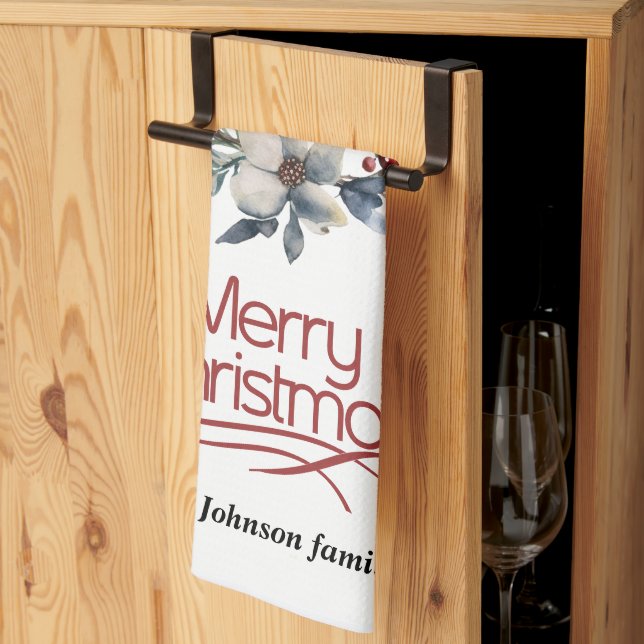 Christmas wreath, white flowers, red berries joy kitchen towel (Thirds Fold)