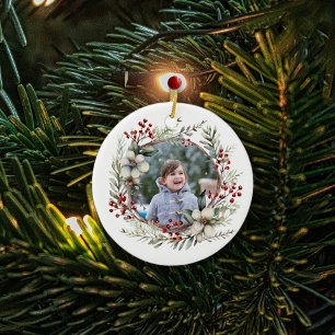 Christmas wreath, white flowers, red berries photo ceramic ornament
