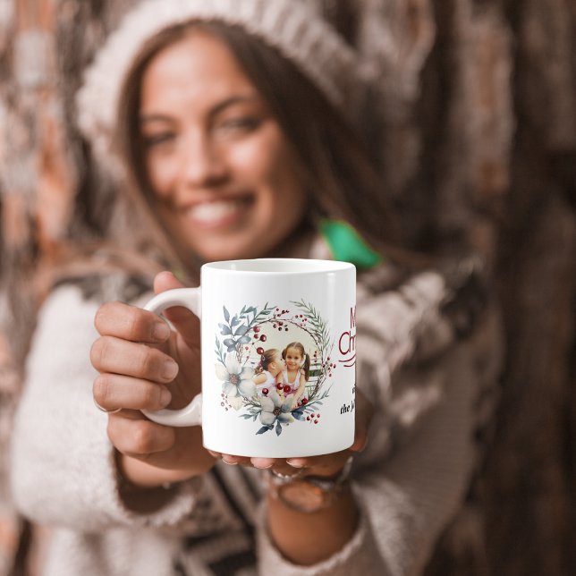 Christmas wreath, white flowers, red berries photo coffee mug (Creator Uploaded)