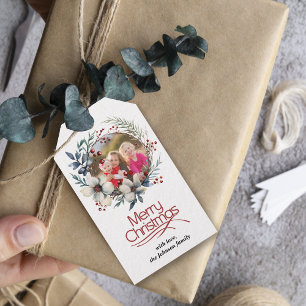 Christmas wreath, white flowers, red berries photo gift tags