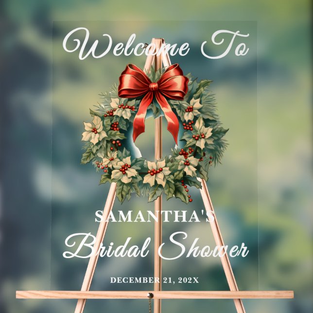 Christmas Wreath Winter Bridal Shower Welcome Acrylic Sign (Neutral)