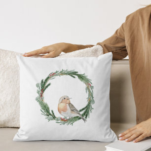 Christmas wreath with a bird throw pillow