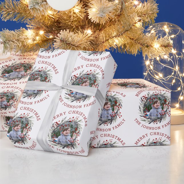 Christmas wreath with berries and leaves photo wrapping paper (Holidays)