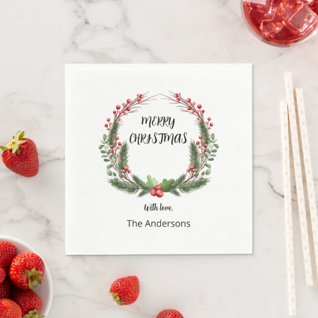 Christmas wreath with berries dinner napkin (Insitu)