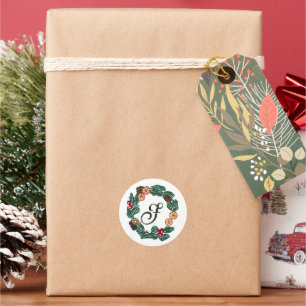 Christmas wreath with customizable initial classic round sticker