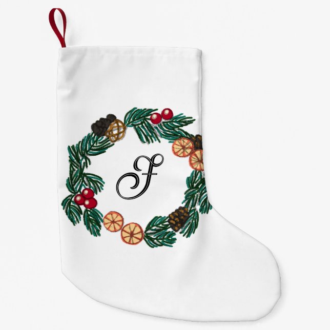 Christmas wreath with customizable initial small christmas stocking (Front)
