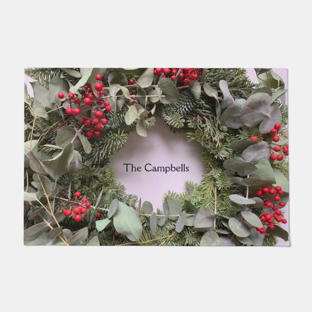 Christmas wreath with eucalyptus and red berries doormat (Front)
