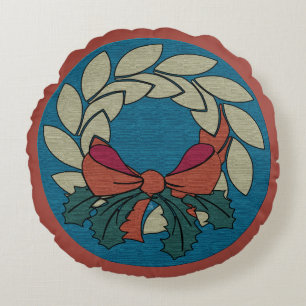 Christmas Wreath with Faux Raw Silk Texture Round Pillow