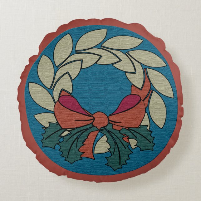Christmas Wreath with Faux Raw Silk Texture Round Pillow (Front)