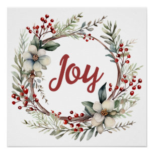 Christmas wreath with flowers and red berries joy poster