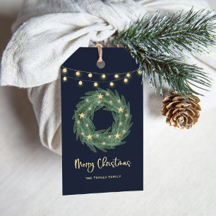 Christmas Wreath with Gold String Lights on Blue Gift Tags