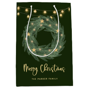 Christmas Wreath with Gold String Lights on Green Medium Gift Bag