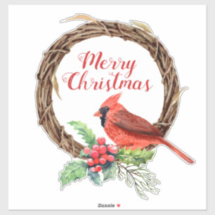 Christmas Wreath with Holly and Cardinal Sticker