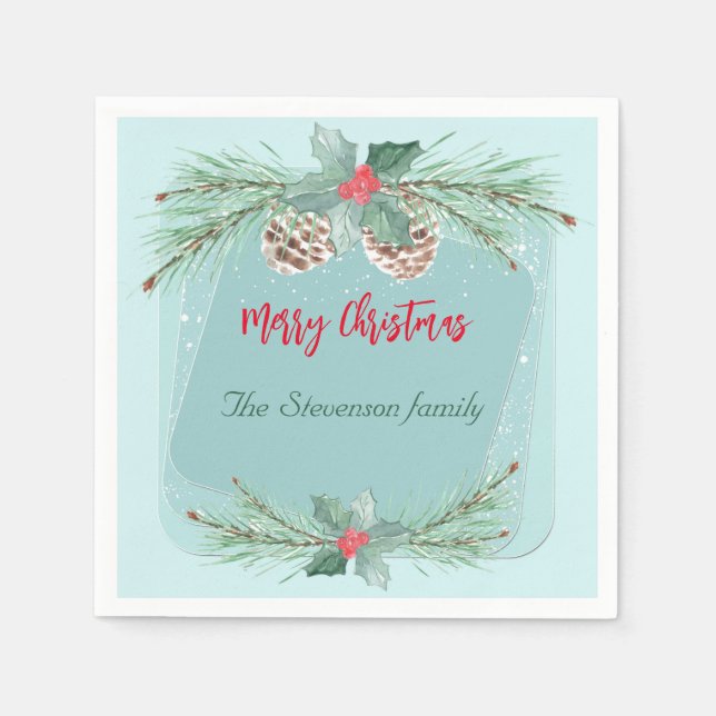 Christmas wreath with holly and spruce branches. napkin (Front)