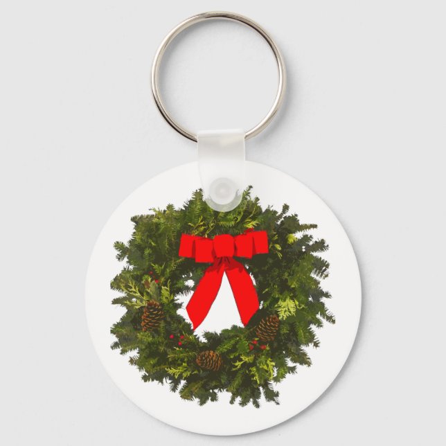 Christmas Wreath with Pine Cones and Red Bow Keychain (Front)