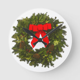Christmas Wreath with Pine Cones and Red Bow Round Clock