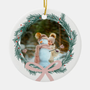 Christmas Wreath with Pink Ribbon Photo Ceramic Ornament